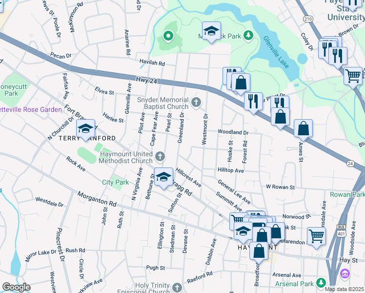 map of restaurants, bars, coffee shops, grocery stores, and more near 608 Greenland Drive in Fayetteville
