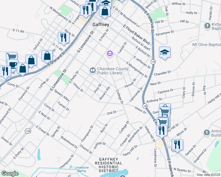 map of restaurants, bars, coffee shops, grocery stores, and more near 534 East Rutledge Avenue in Gaffney