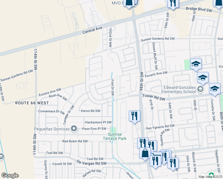 map of restaurants, bars, coffee shops, grocery stores, and more near 10305 Ongais Avenue Southwest in Albuquerque