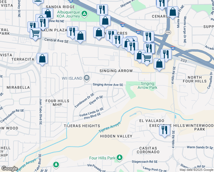 map of restaurants, bars, coffee shops, grocery stores, and more near 12726 Singing Arrow Avenue Southeast in Albuquerque