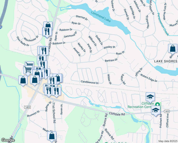 map of restaurants, bars, coffee shops, grocery stores, and more near 6951 Timberwood Drive in Fayetteville