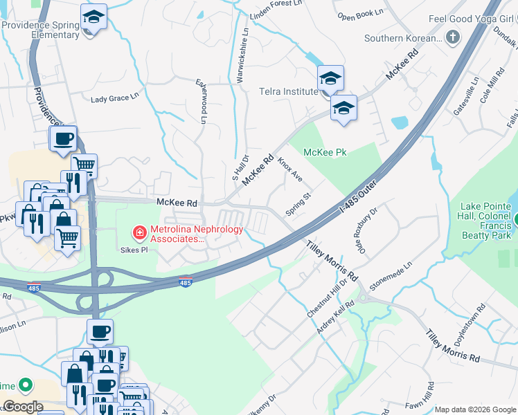 map of restaurants, bars, coffee shops, grocery stores, and more near 10205 Jacobs Creek Drive in Charlotte