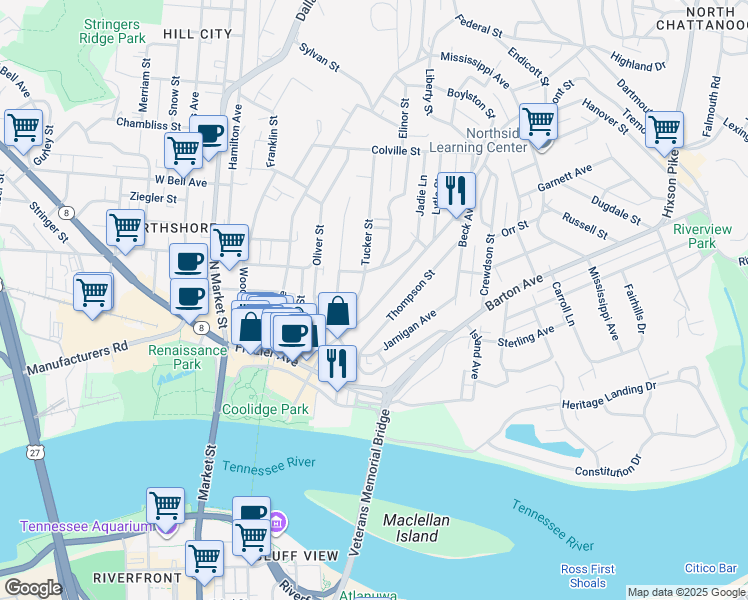 map of restaurants, bars, coffee shops, grocery stores, and more near 312 Tremont Street in Chattanooga
