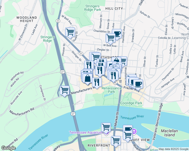 map of restaurants, bars, coffee shops, grocery stores, and more near 300 Cherokee Boulevard in Chattanooga