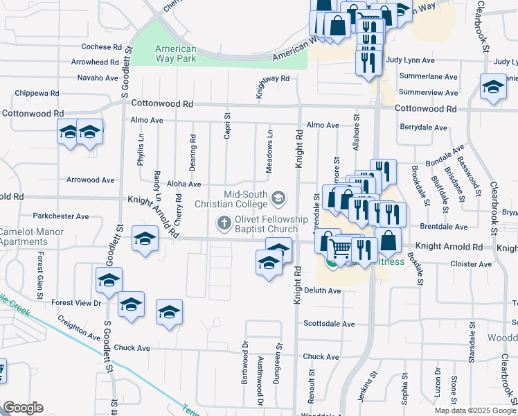 map of restaurants, bars, coffee shops, grocery stores, and more near 3110 Knightway Road in Memphis