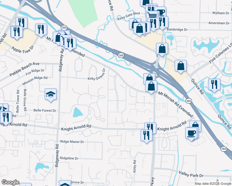 map of restaurants, bars, coffee shops, grocery stores, and more near Moriah Trail in Memphis