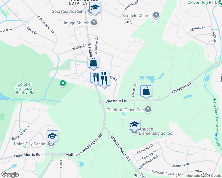 map of restaurants, bars, coffee shops, grocery stores, and more near 3017 Strawberry Road in Matthews