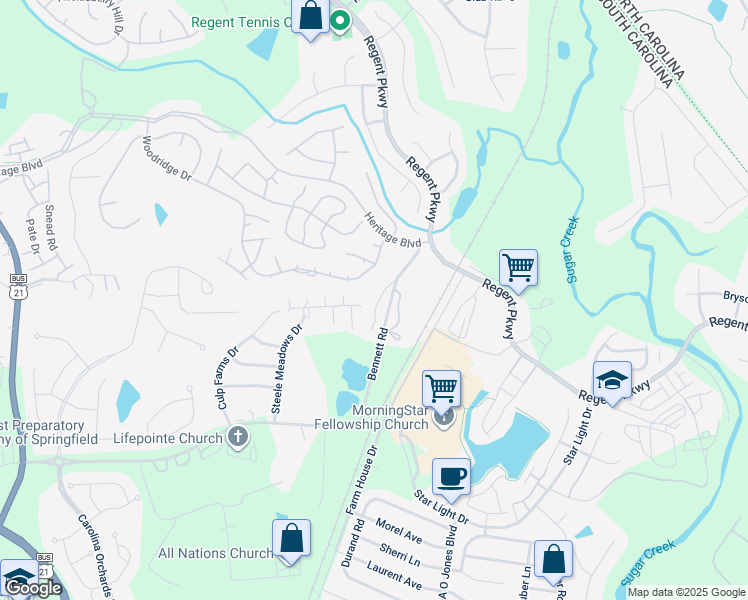map of restaurants, bars, coffee shops, grocery stores, and more near 204 Heritage Parkway in Fort Mill