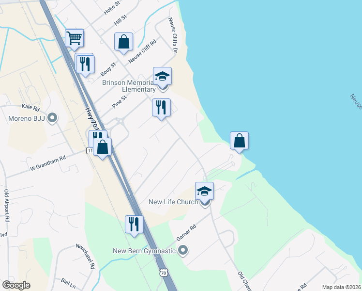 map of restaurants, bars, coffee shops, grocery stores, and more near 2619-2701 Old Cherry Point Road in New Bern