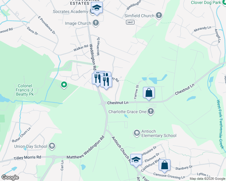 map of restaurants, bars, coffee shops, grocery stores, and more near 3017 Strawberry Road in Matthews