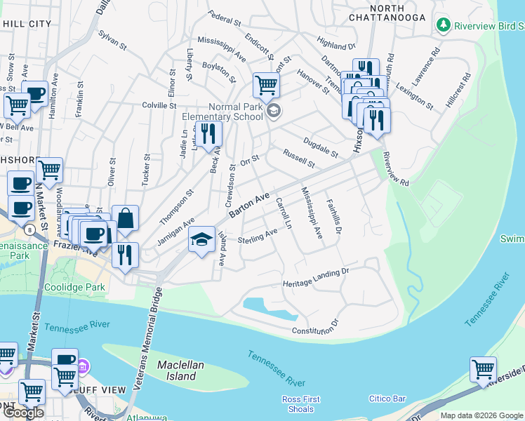 map of restaurants, bars, coffee shops, grocery stores, and more near 503 Young Avenue in Chattanooga