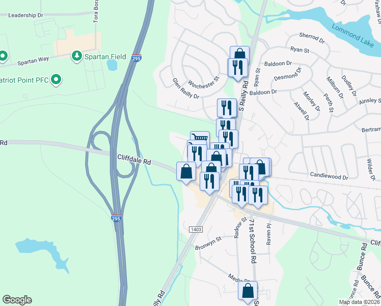 map of restaurants, bars, coffee shops, grocery stores, and more near 625 Marshtree Lane in Fayetteville
