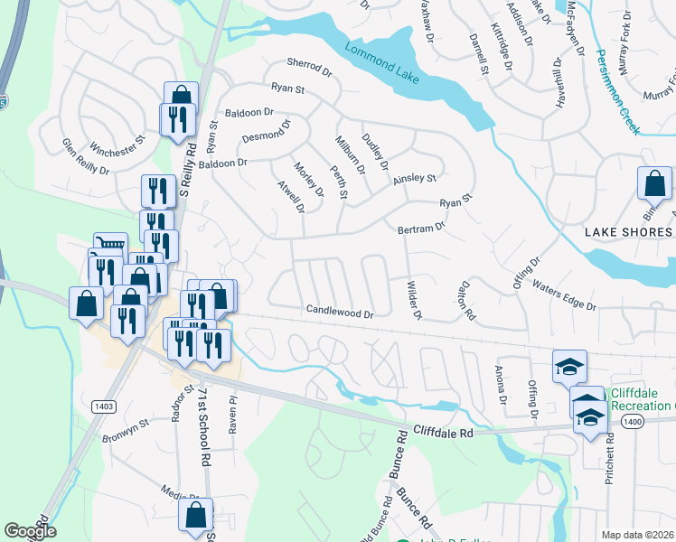 map of restaurants, bars, coffee shops, grocery stores, and more near 512 Hollyberry Lane in Fayetteville