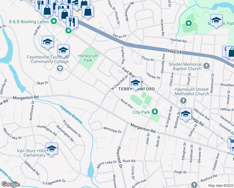 map of restaurants, bars, coffee shops, grocery stores, and more near 2132 Rock Avenue in Fayetteville