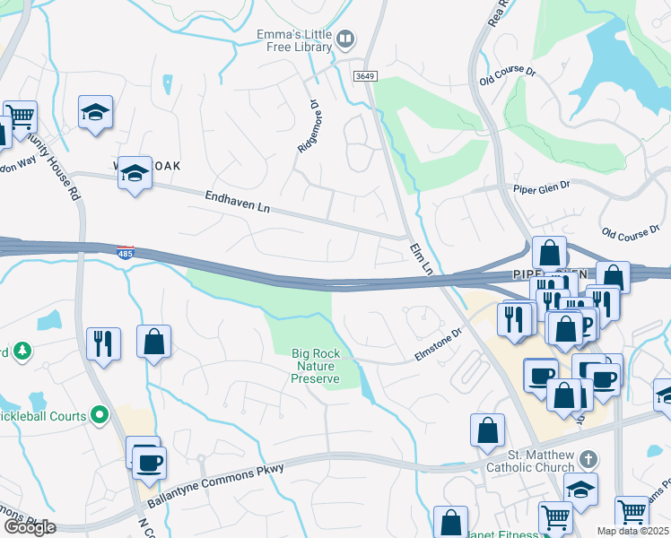 map of restaurants, bars, coffee shops, grocery stores, and more near 10725 Megwood Drive in Charlotte