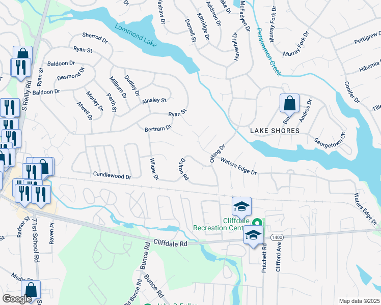 map of restaurants, bars, coffee shops, grocery stores, and more near 5928 Dalton Road in Fayetteville