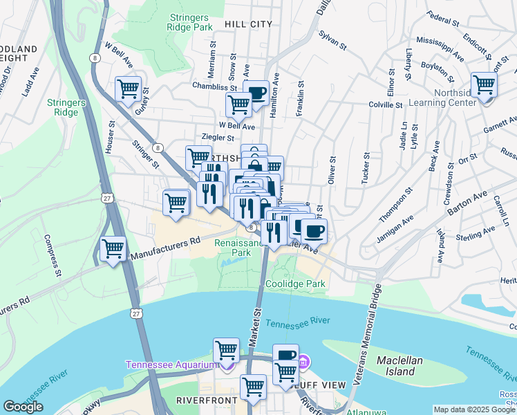 map of restaurants, bars, coffee shops, grocery stores, and more near 119 North Market Street in Chattanooga