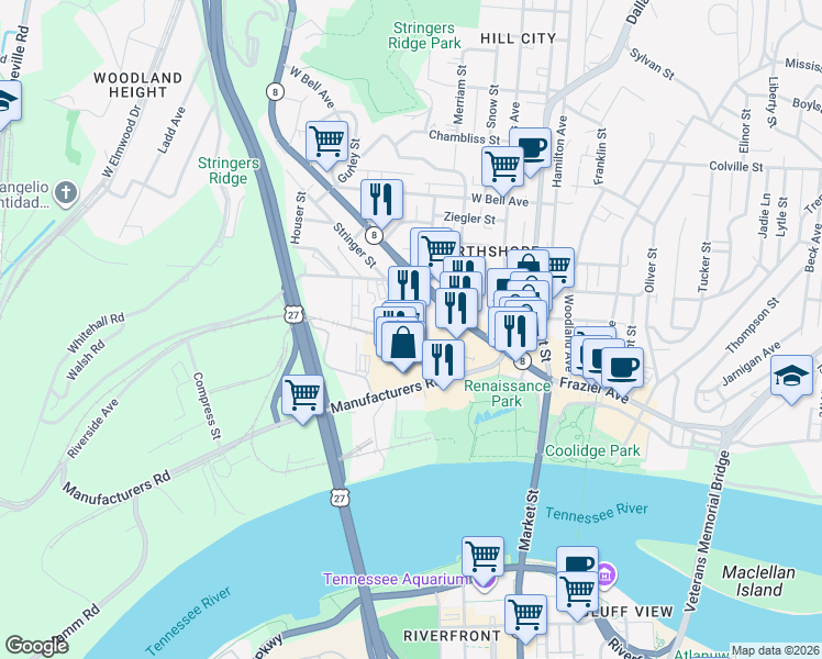 map of restaurants, bars, coffee shops, grocery stores, and more near 104 Stringer St in Chattanooga
