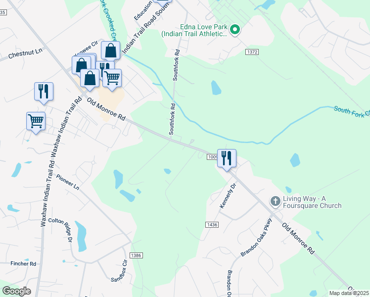 map of restaurants, bars, coffee shops, grocery stores, and more near 4848 Old Monroe Road in Indian Trail