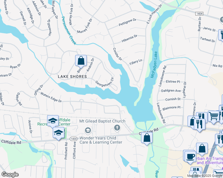 map of restaurants, bars, coffee shops, grocery stores, and more near 3310 Harbour Pointe Place in Fayetteville