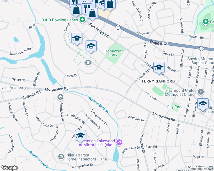 map of restaurants, bars, coffee shops, grocery stores, and more near 2508 Morganton Road in Fayetteville