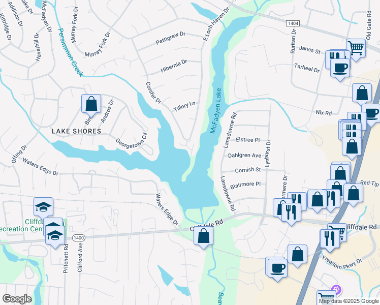map of restaurants, bars, coffee shops, grocery stores, and more near 498 Lands End Road in Fayetteville
