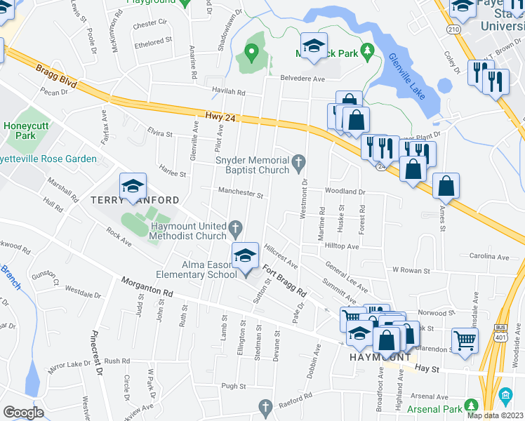 map of restaurants, bars, coffee shops, grocery stores, and more near 607 Greenland Drive in Fayetteville