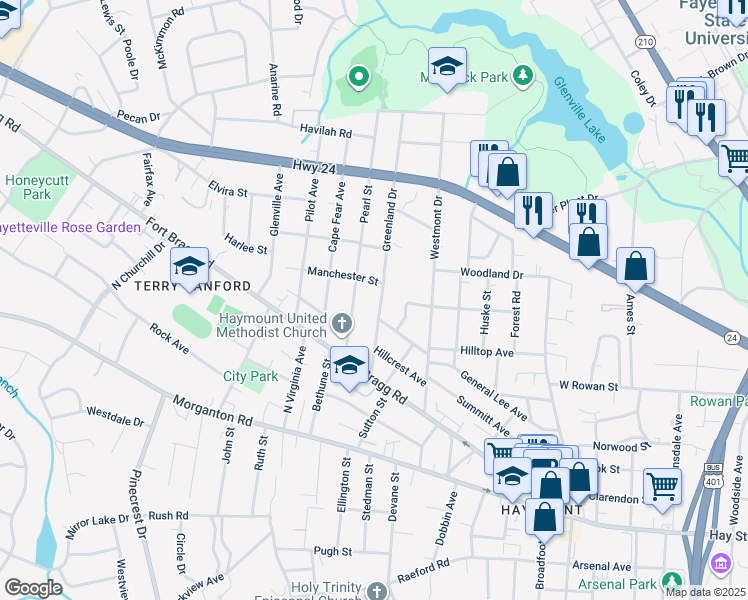map of restaurants, bars, coffee shops, grocery stores, and more near 607 Greenland Drive in Fayetteville