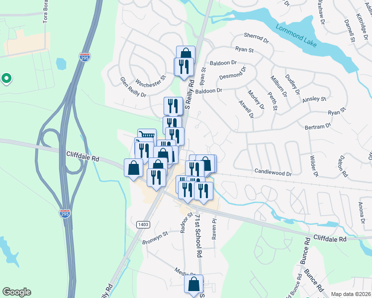 map of restaurants, bars, coffee shops, grocery stores, and more near 6535 Jefferey Drive in Fayetteville