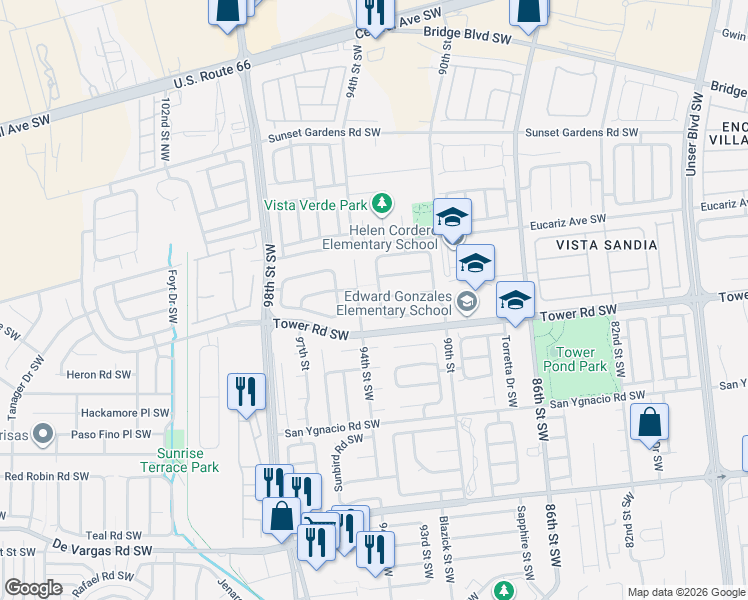 map of restaurants, bars, coffee shops, grocery stores, and more near 543 Sky Tower Street Southwest in Albuquerque