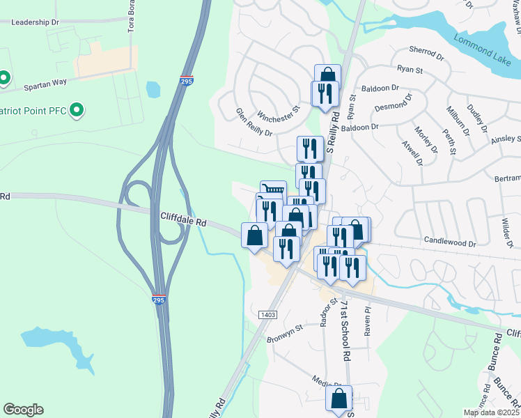 map of restaurants, bars, coffee shops, grocery stores, and more near 625 Marshtree Lane in Fayetteville