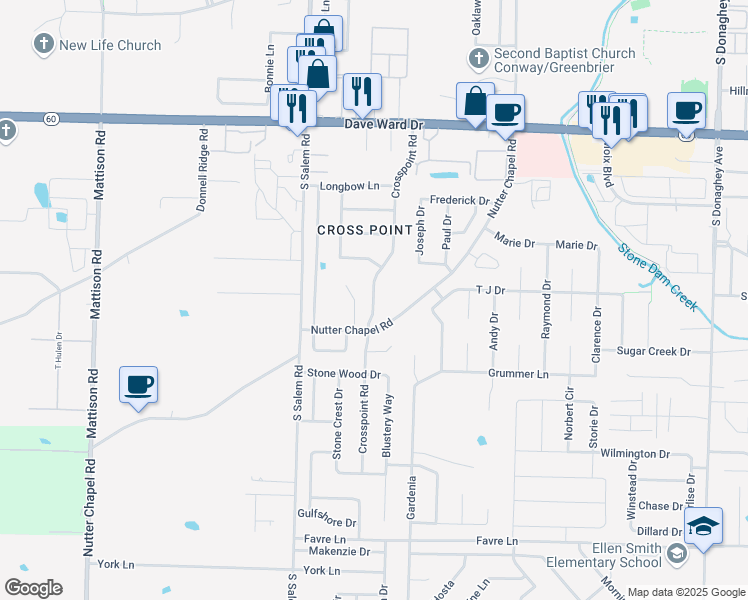 map of restaurants, bars, coffee shops, grocery stores, and more near 1150 Crosspoint Road in Conway