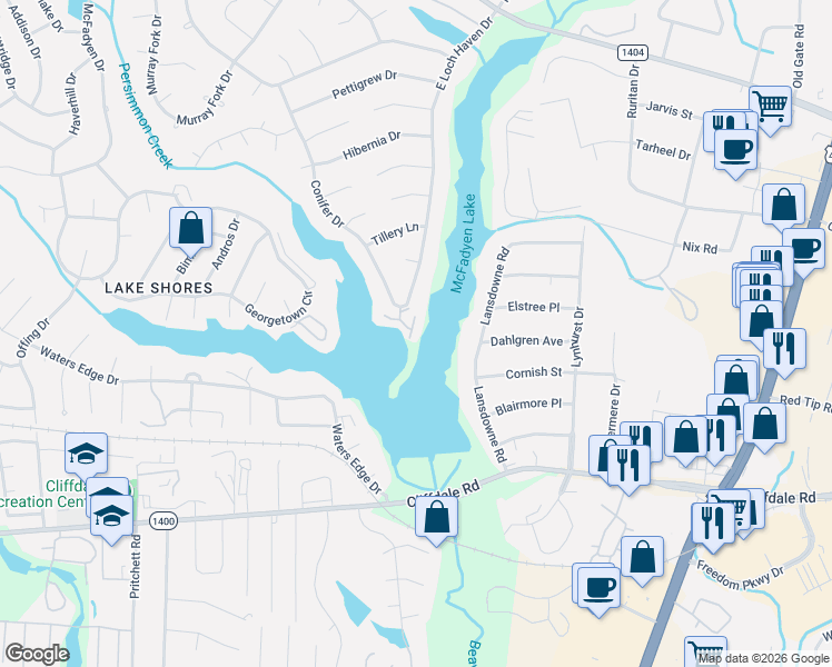 map of restaurants, bars, coffee shops, grocery stores, and more near 461 Lands End Road in Fayetteville