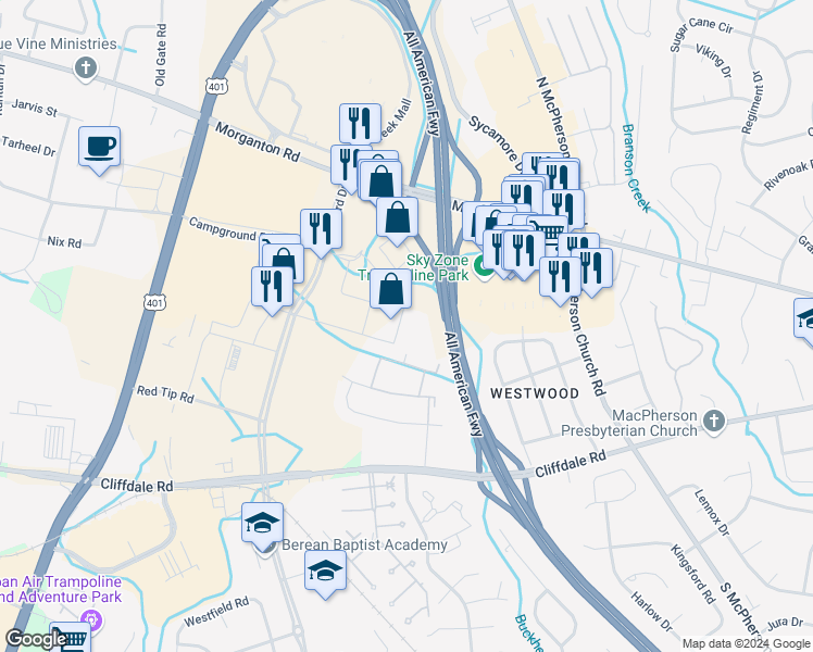map of restaurants, bars, coffee shops, grocery stores, and more near 255 Glensford Drive in Fayetteville