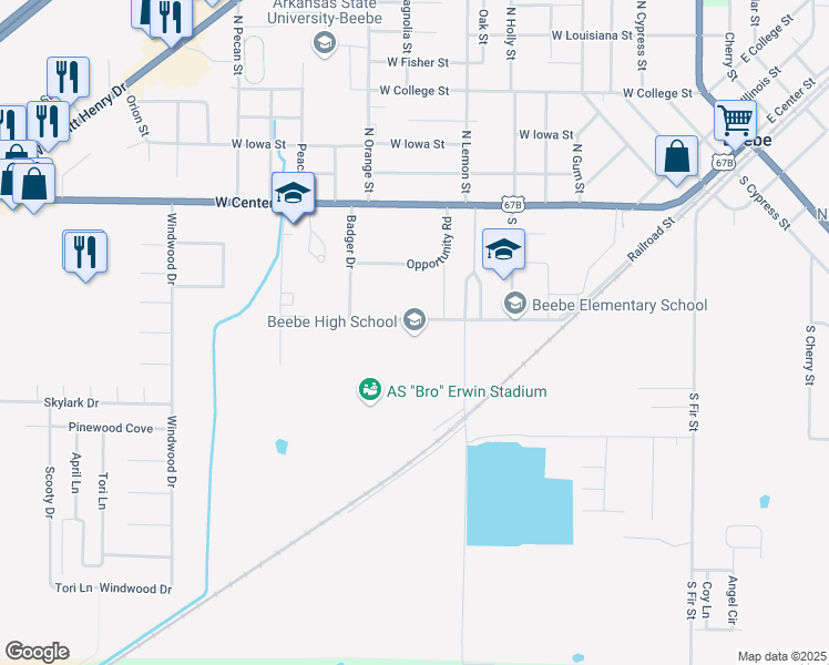 map of restaurants, bars, coffee shops, grocery stores, and more near 1201 West Center Street in Beebe