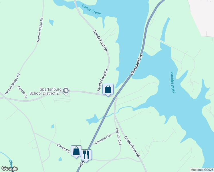 map of restaurants, bars, coffee shops, grocery stores, and more near 2731 Sandy Ford Road in Chesnee