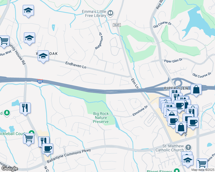 map of restaurants, bars, coffee shops, grocery stores, and more near 10725 Megwood Drive in Charlotte