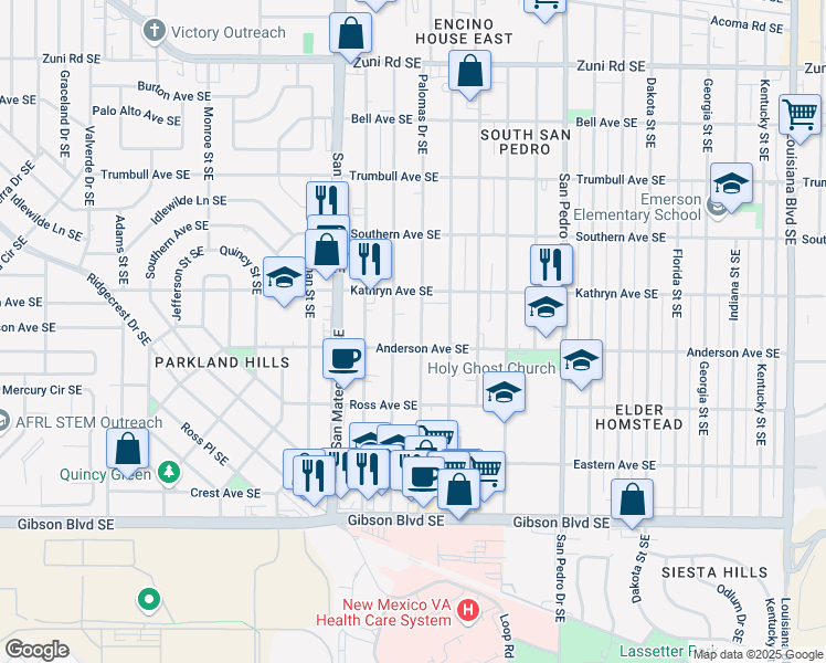 map of restaurants, bars, coffee shops, grocery stores, and more near 1036 Madeira Drive Southeast in Albuquerque