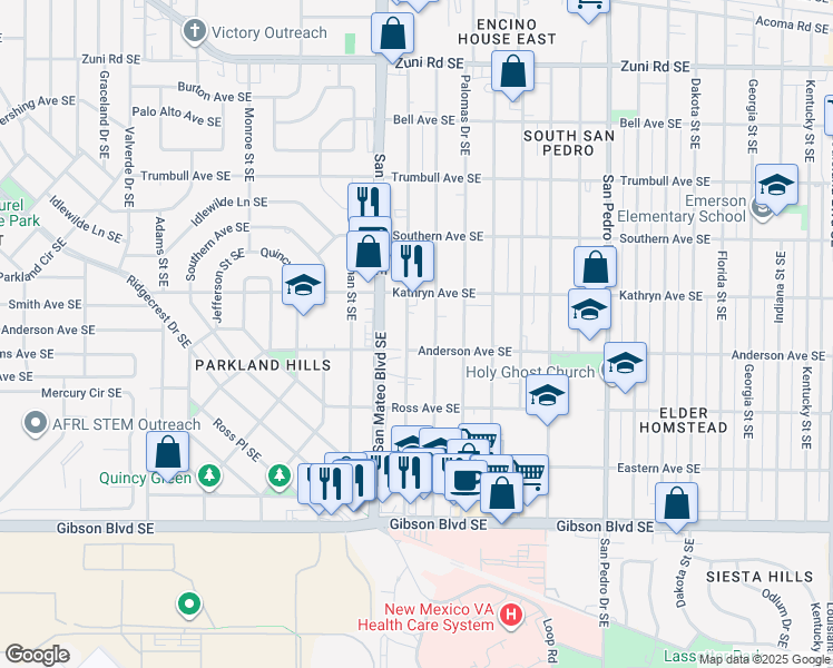 map of restaurants, bars, coffee shops, grocery stores, and more near 1128 San Mateo Boulevard Southeast in Albuquerque