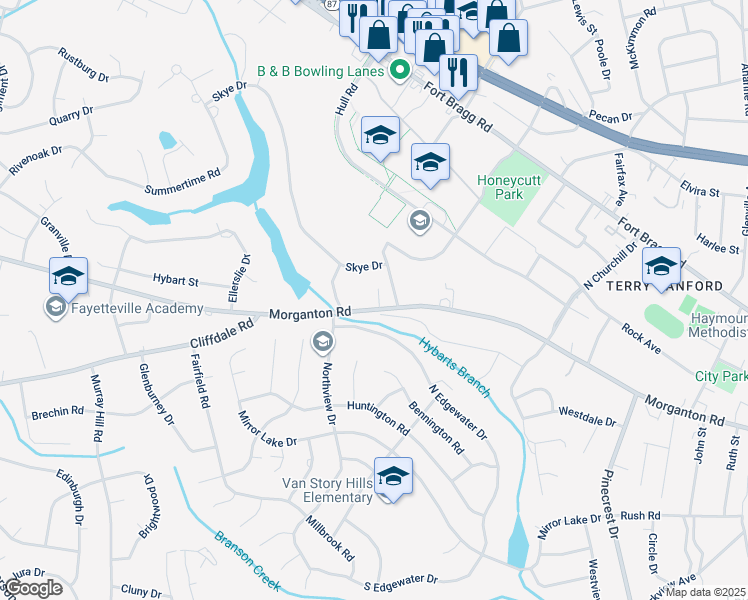 map of restaurants, bars, coffee shops, grocery stores, and more near 2718 Morganton Road in Fayetteville