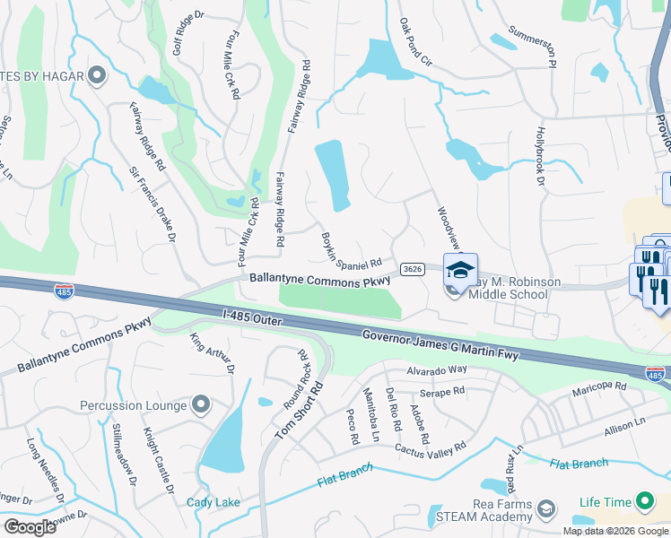 map of restaurants, bars, coffee shops, grocery stores, and more near 6209 Boykin Spaniel Road in Charlotte
