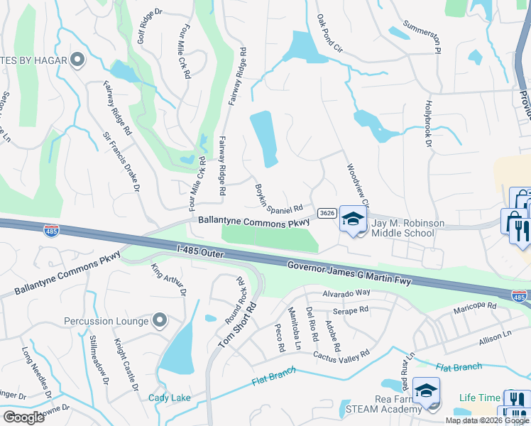map of restaurants, bars, coffee shops, grocery stores, and more near 6209 Boykin Spaniel Road in Charlotte