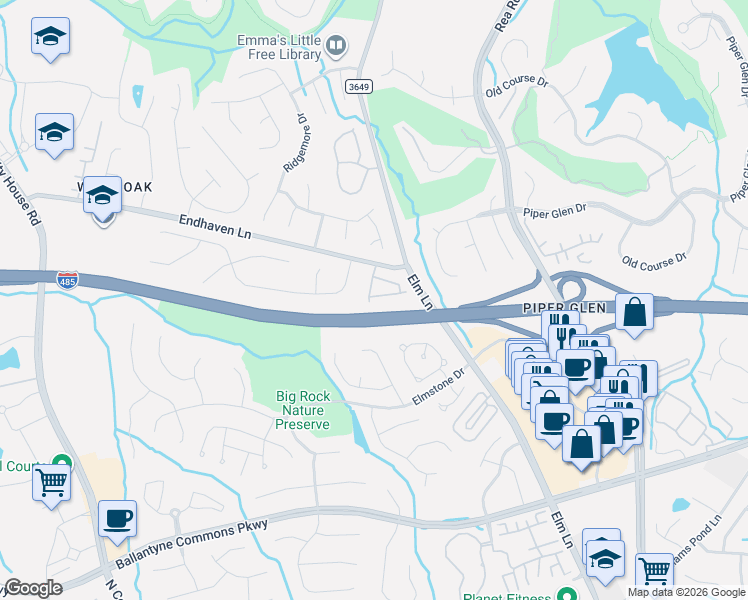 map of restaurants, bars, coffee shops, grocery stores, and more near 10701 Megwood Drive in Charlotte