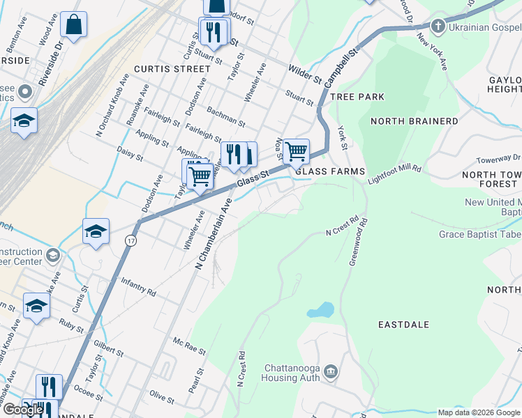 map of restaurants, bars, coffee shops, grocery stores, and more near 2509 Latta Street in Chattanooga