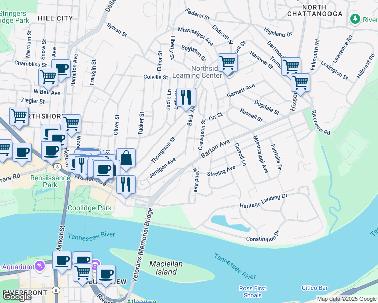 map of restaurants, bars, coffee shops, grocery stores, and more near 242 Jarnigan Avenue in Chattanooga
