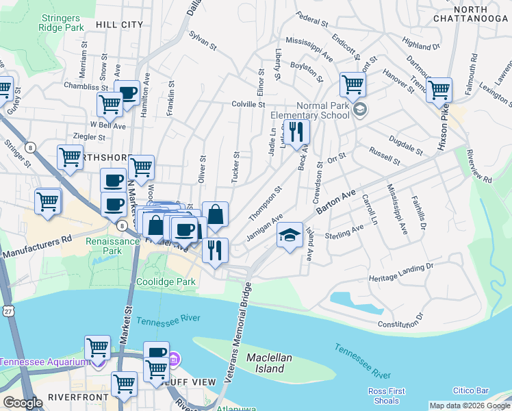 map of restaurants, bars, coffee shops, grocery stores, and more near 326 Thompson Street in Chattanooga