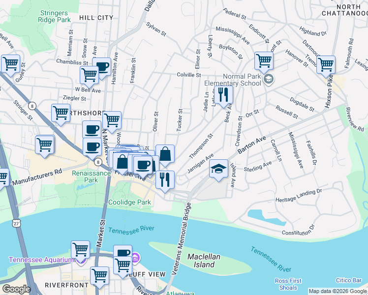 map of restaurants, bars, coffee shops, grocery stores, and more near 312 Tremont Street in Chattanooga
