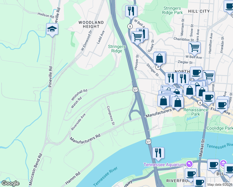 map of restaurants, bars, coffee shops, grocery stores, and more near 119 Whitehall Road in Chattanooga