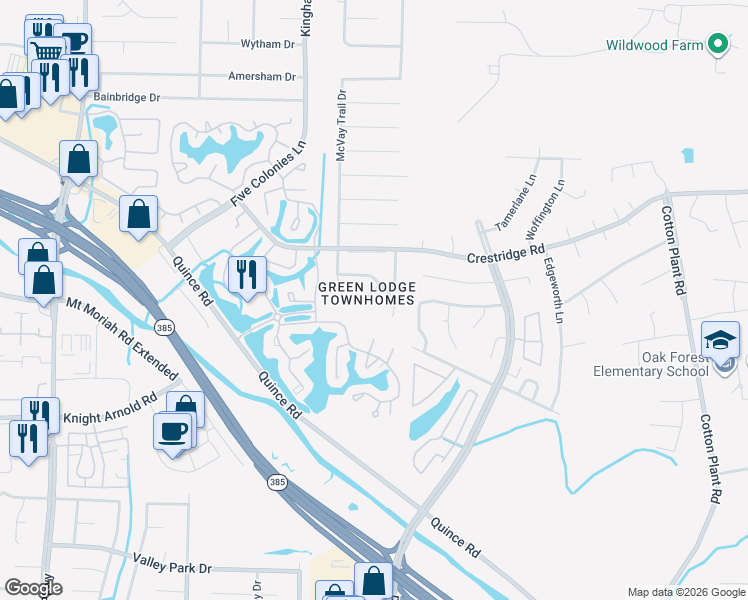 map of restaurants, bars, coffee shops, grocery stores, and more near 3095 Littlefield Cove in Memphis