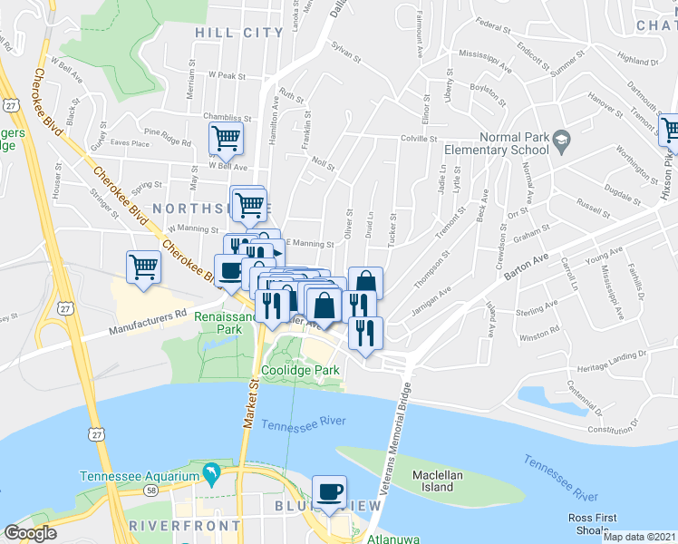 map of restaurants, bars, coffee shops, grocery stores, and more near 212 Delmont Street in Chattanooga